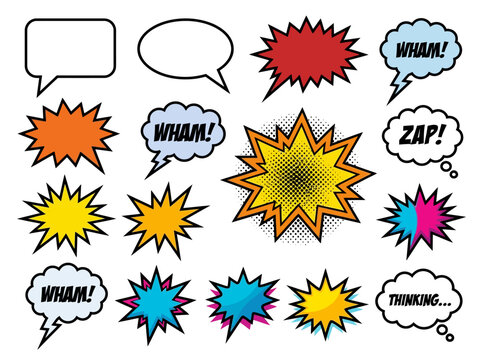 Comic Book Speech Bubbles and Explosion Bursts Vector Set with Pop Art Elements