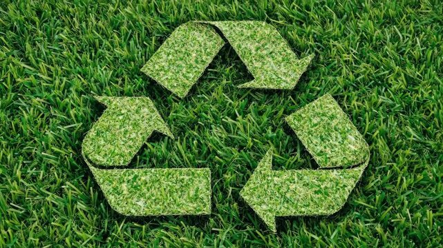 Green recycling symbol made of grass changing appearance, showing environmental concept and ecological sustainability. Video.