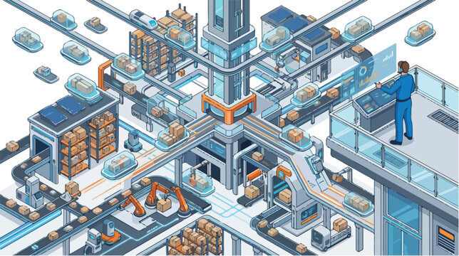 Automated Factory Interior with Conveyor Belts and Robotic Arms Illustrating a Futuristic Delivery Concept and Industrial Automation