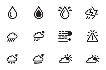 Fototapeta premium Weather forecast and meteorology icons set featuring rain clouds and storm symbols for app interface.