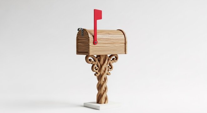 Wooden Mailbox with Red Flag on Decorative Post Isolated Background
