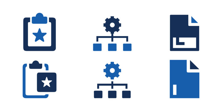 A set of six minimalist blue icons featuring clipboards, hierarchical flowcharts, and document.