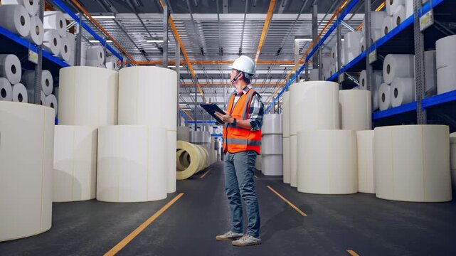 Full Body Side View Of Asian Male Engineer With Safety Helmet Taking Note On The Tablet And Looking Around While Standing at Warehouse with Rows of Stacked White Polymer and Paper Rolls