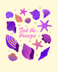 Naklejka premium Set of colorful cartoon sea shells and starfish in various shapes and colors, isolated. For scrapbooking, summer, sea, ocean, beach, vacation, tropical, card design. 