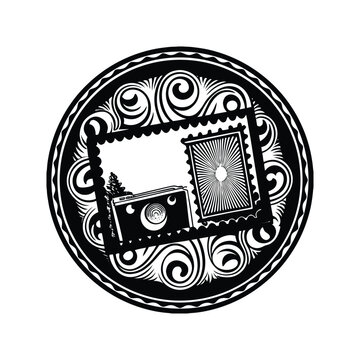Retro stamp design with vintage camera and postage stamps, nostalgic travel and photography.