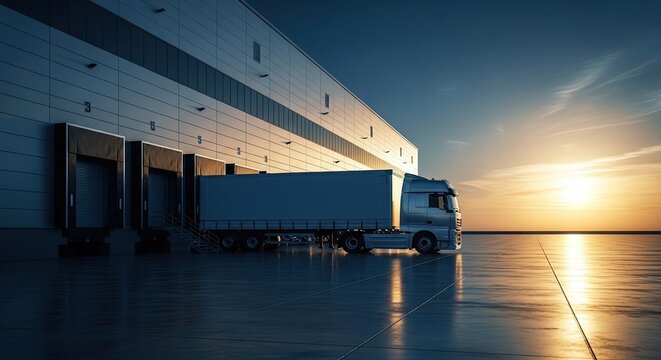 Truck loaded at warehouse loading dock during sunset