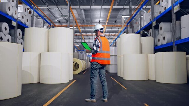 Full Body Back View Of Asian Male Engineer With Safety Helmet Working On A Green Screen Tablet And Looking Around While Standing at Warehouse with Rows of Stacked White Polymer and Paper Rolls