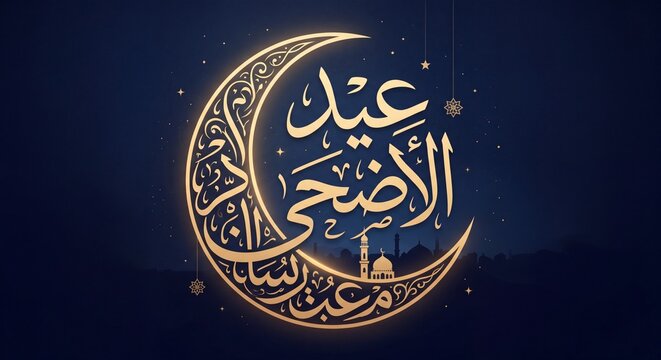 Eid Al Adha Arabic calligraphy inside a glowing golden crescent moon. Features a mosque silhouette against dark blue starry skies.