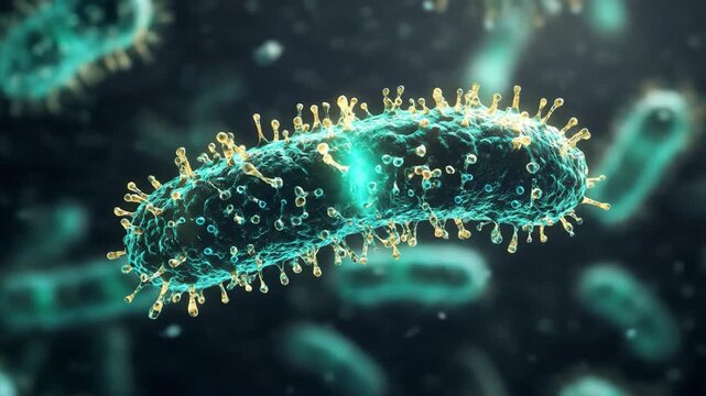Microscopic view of virus or bacteria cell structure. Disease causing microorganisms in body or liquid. Medical research and biology concept.