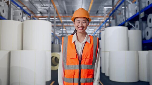Asian Female Engineer With Safety Helmet Smiling To Camera While Standing at Warehouse with Rows of Stacked White Polymer and Paper Rolls