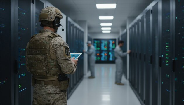 Military soldier in camouflage gear using digital tablet while standing inside high security data center server room facility