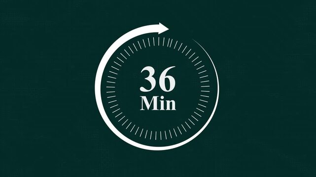 36 minute countdown timer motion with circular progress bar indicator for time management presentations and digital interface overlays featuring a