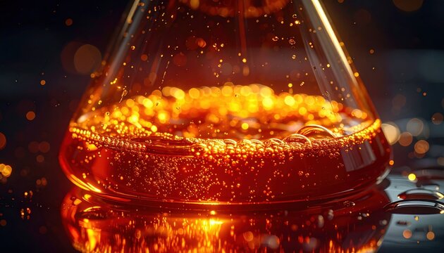 Glowing amber liquid bubbling in a laboratory flask symbolizing bromine supply risk for semiconductor manufacturing amid Middle East disruption and chip etching demand