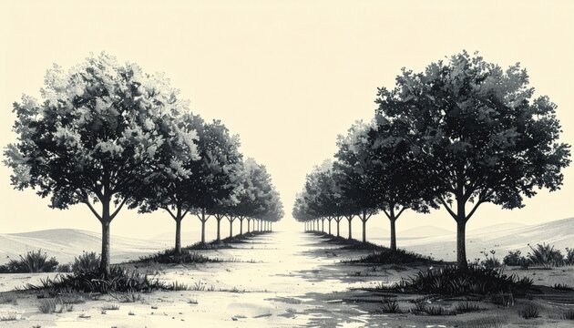 Symmetric landscape drawing of long path lined with rows of identical trees stretching into distance under pale vintage sky