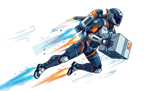 Fast Futuristic Delivery Service Vector Illustration with Space Suit Worker Carrying Package