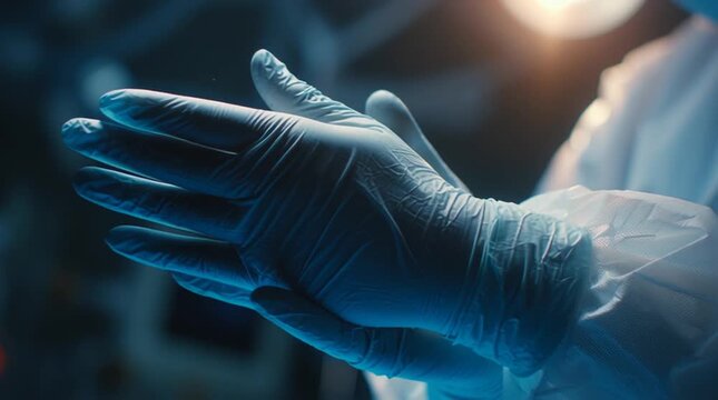 Professional doctor adjusting surgical gloves in a sterile environment, close-up on hands, cinematic lighting, shallow depth of field, subtle motion, realistic hospital setting, loopable for medical v