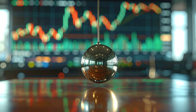 Shiny silver pendulum hangs over blurred financial stock market charts representing economic volatility and investment cycles
