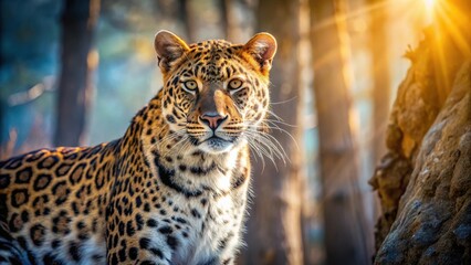 Obraz premium Majestic Leopard in Golden Sunlight, a Powerful Wildcat in its Natural Habitat