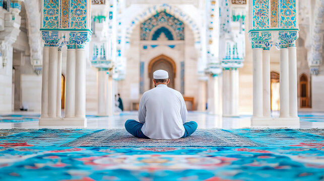 Rear view of devout Muslim man seated in silent prayer on intricately patterned rug, facing magnificent archways and ornate pillars of sacred mosque.