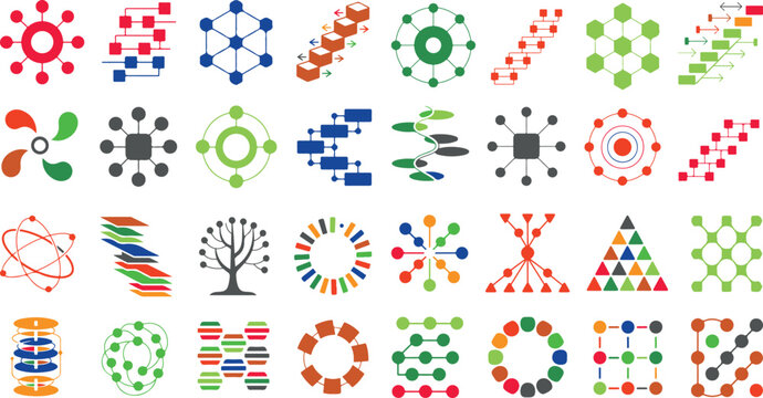 Collection of various colorful molecular and network structure graphics and icons for technology and science concepts
