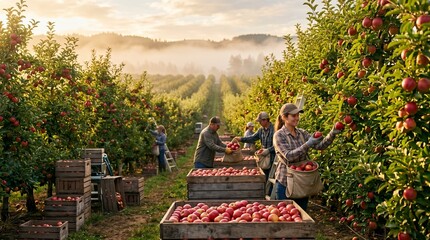 Harvesting Ripe Apples in a Sunlit Orchard During Golden Hour, Showcasing the Abundance of the Fruitful Season