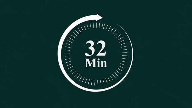 32 minute countdown timer motion digital clock display featuring circular progress bar animation on dark tech background time management