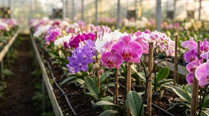 Obraz premium Vibrant rows of exotic orchids blooming beautifully in a sunlit greenhouse, showcasing a diverse palette of colors and natural floral elegance perfect for botanical themes