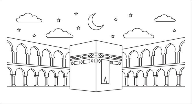 Detailed Line Art Illustration of the Kaaba with Grand Mosque Arches, Crescent Moon and Stars in a Calm