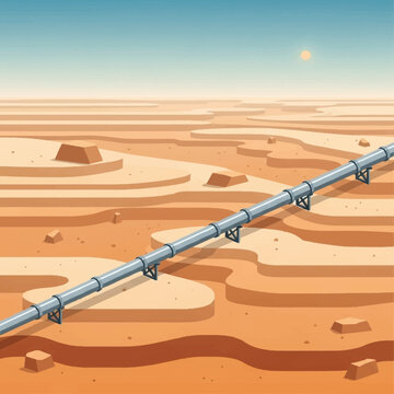 Long industrial pipeline crossing a barren desert landscape under a clear sky.