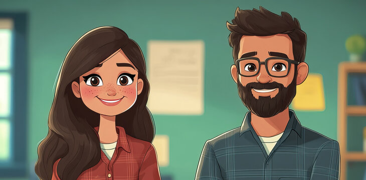 Warm and inviting digital illustration showcasing smiling diverse couple, featuring bearded man in glasses and freckled woman in plaid, set against blurred indoor background, perfect for educational o