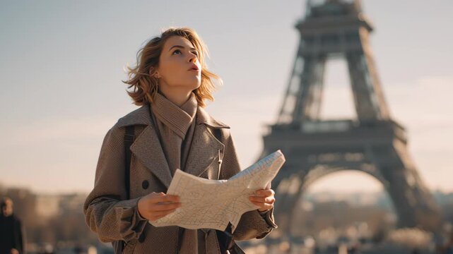 Young woman traveler with backpack reading a paper map outdoors with the Eiffel Tower in background, Paris, &Icirc;le-de-France, France, sunny morning travel concept