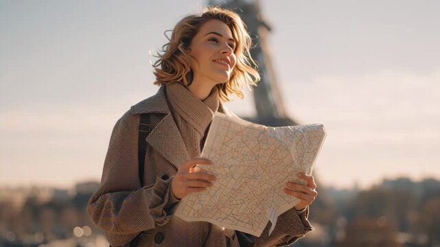 Footage of a young female tourist in warm coat reading a paper map outdoors with Eiffel Tower blurred in background, Paris, France, travel planning concept