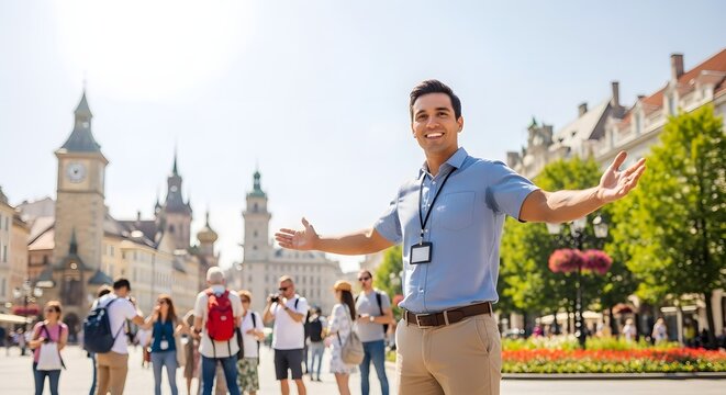 Tour guide welcoming tourists with historic architecture background