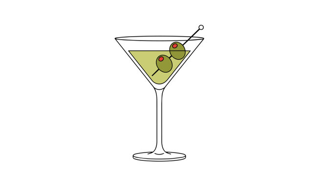 Classic Martini Cocktail Vector Illustration with Two Olives in a Glass Isolated on White for Nightlife and Bar Design