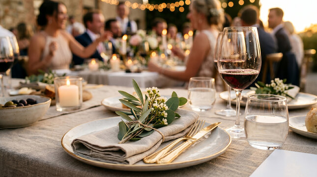 Elegant dining table setting for outdoor wedding reception at sunset  