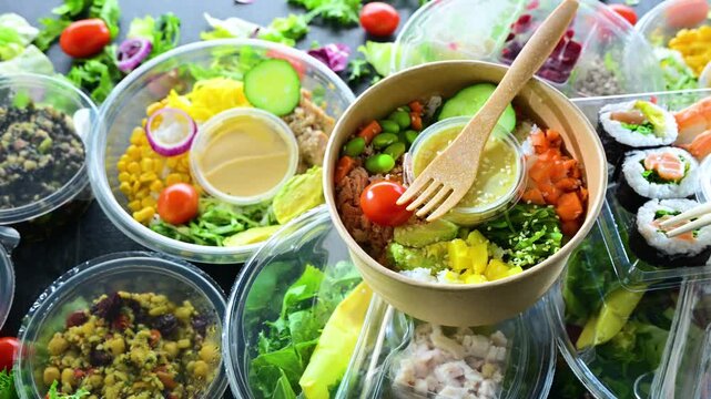 Plastic boxes with pre-packaged vegetable salads. Convenience food