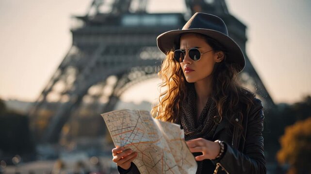 Cinematic travel footage of a stylish woman in hat and sunglasses holding a paper map with the Eiffel Tower blurred behind her, Paris, France, golden hour