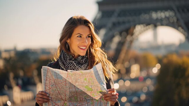 Travel footage of a young woman holding a paper map and smiling outdoors with the Eiffel Tower blurred in the background, Paris, France, golden hour in fall