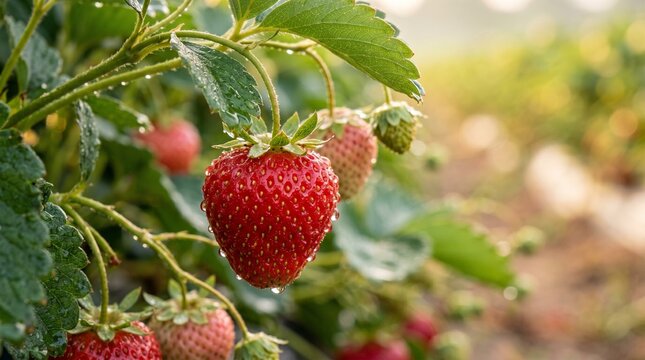 Close-up of ripe red strawberries glistening with water droplets on a green leafy plant in soft morning light