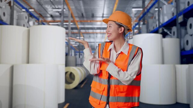 Asian Female Engineer With Safety Helmet Smiling And Pointing To Side While Standing at Warehouse with Rows of Stacked White Polymer and Paper Rolls