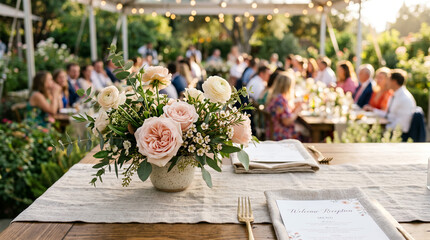 Fototapeta premium Elegant floral centerpiece on table at outdoor wedding reception 