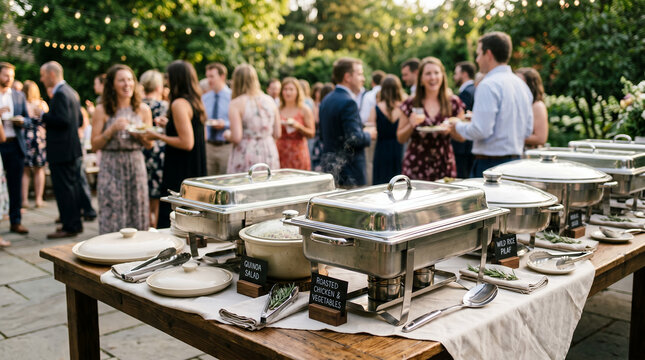 Guests enjoying catered buffet at outdoor garden party event  
