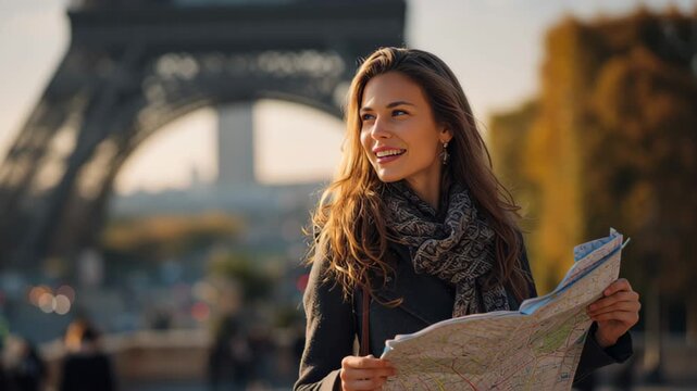 Travel footage of a smiling young woman holding a paper map outdoors with the Eiffel Tower blurred in background, warm golden hour light, tourism and navigation concept