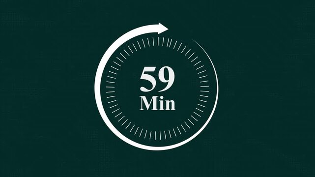 59 minute countdown timer motion with circular progress bar on dark digital circuit board background for time management business presentations