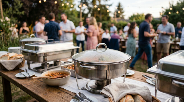 Catering setup with food trays at outdoor garden party in evening  