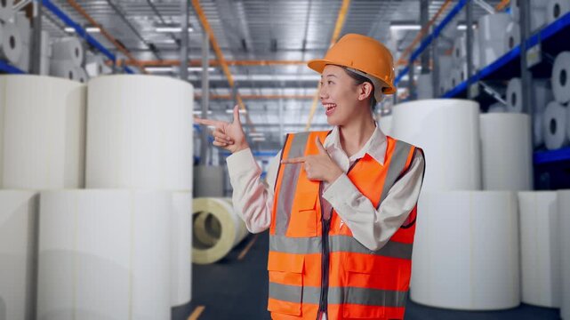 Asian Female Engineer With Safety Helmet Smiling And Pointing To Side While Standing at Warehouse with Rows of Stacked White Polymer and Paper Rolls