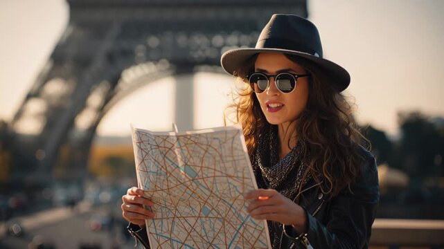 Footage of a fashionable young woman in hat and sunglasses studying a street map with the Eiffel Tower blurred behind her in Paris, France during warm sunset light