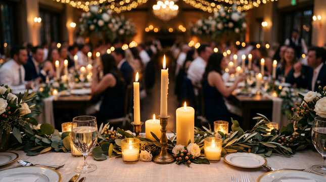Elegant dining table setup with candles and greenery for catering  