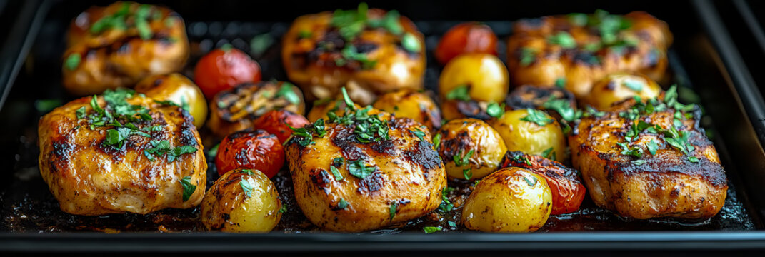 Juicy grilled pork chops or chicken with golden roasted new potatoes and burst cherry tomatoes, beautifully seasoned with fresh green herbs, creating inviting and wholesome meal.