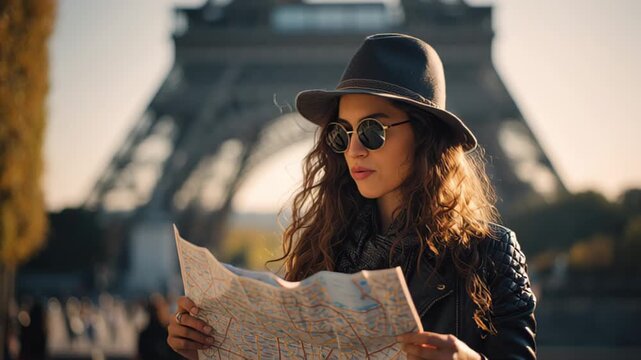 Cinematic travel footage of a fashionable young woman in hat and sunglasses holding a paper map with the Eiffel Tower blurred behind her, Paris, France in warm sunlight